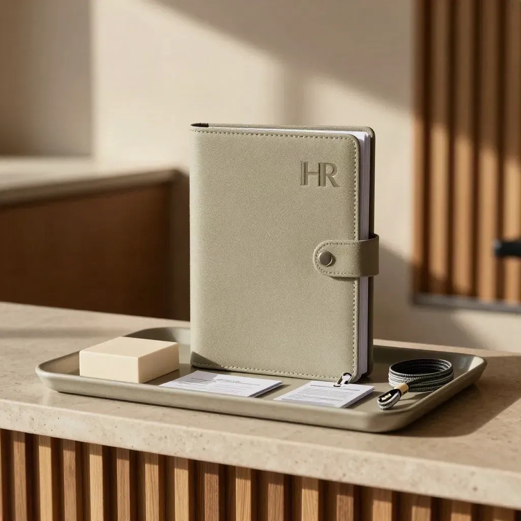 Sage HR handbook set beside a starter kit tray on a stone reception shelf