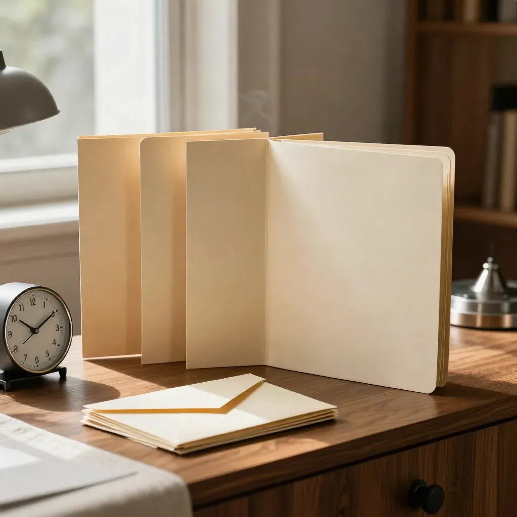 Three interview folders beside a desk clock and envelope stack on a warm office sideboard.