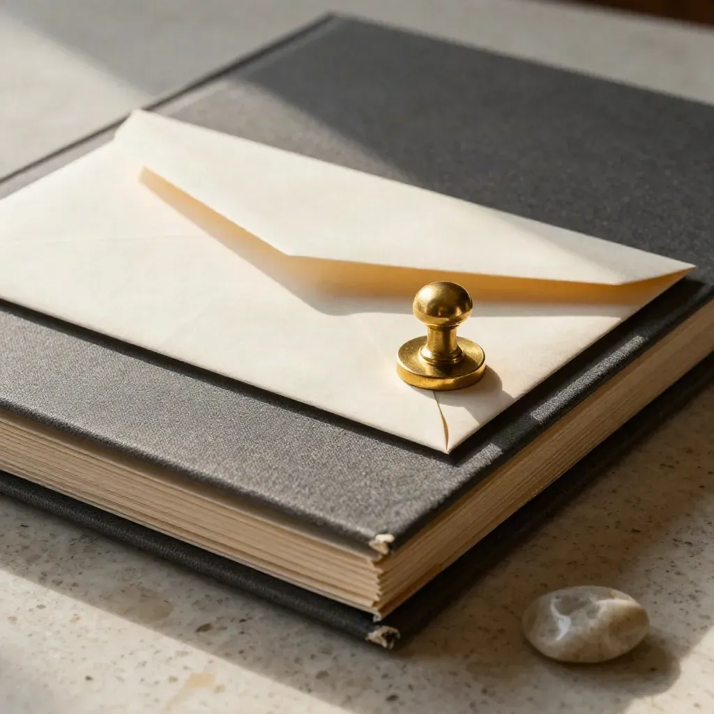 Closed grievance file with final envelope, brass seal and stone paperweight on travertine