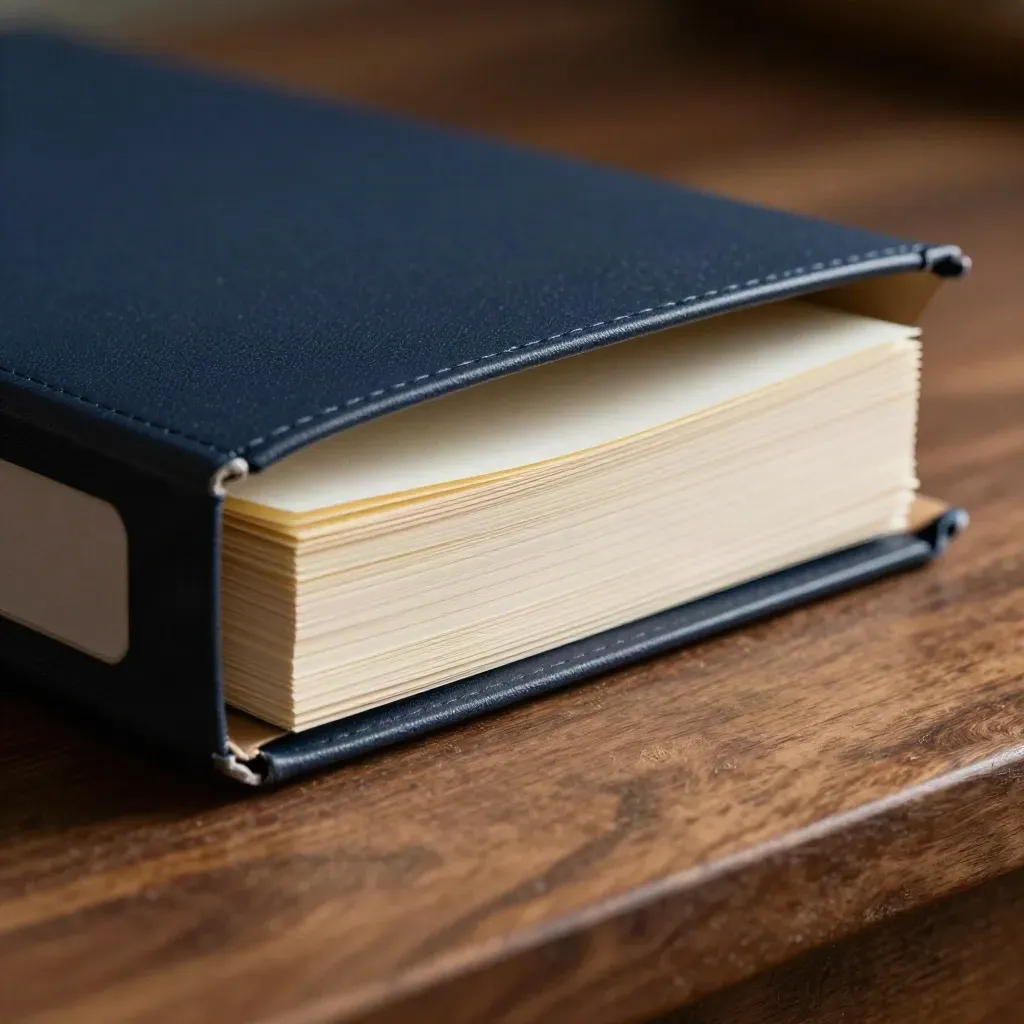 Macro of a navy case file, binder clip and note stack on warm wood under dramatic light