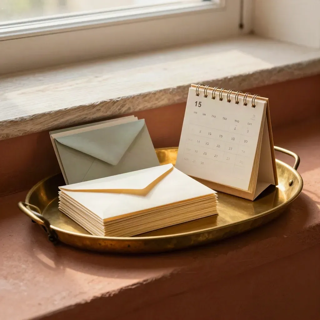 Brass inbox tray with staged mail pack, calendar block and sage index tabs on a terracotta ledge.