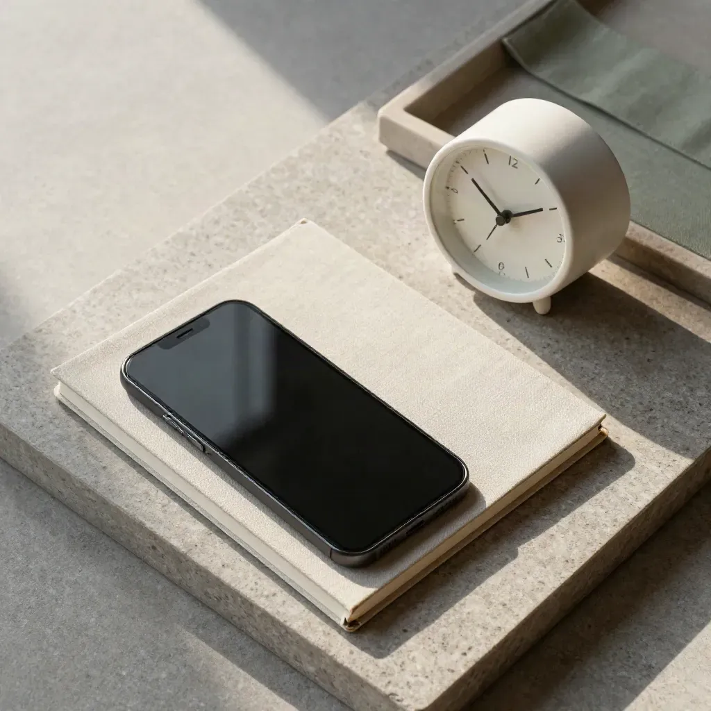 Face-down phone, notebook and ceramic clock on stone in a calm HR booking still life.