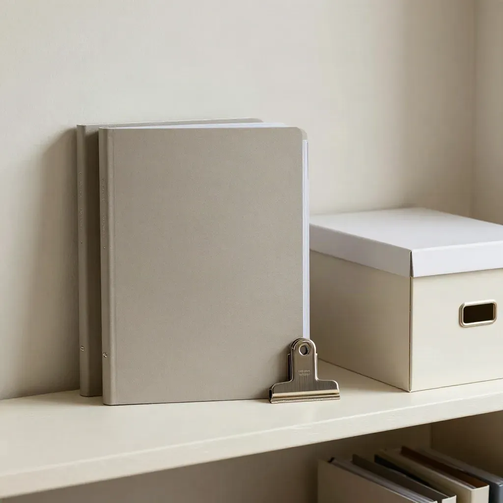 Closed folders, evidence clip, and archive box on a pale plaster shelf in soft daylight.