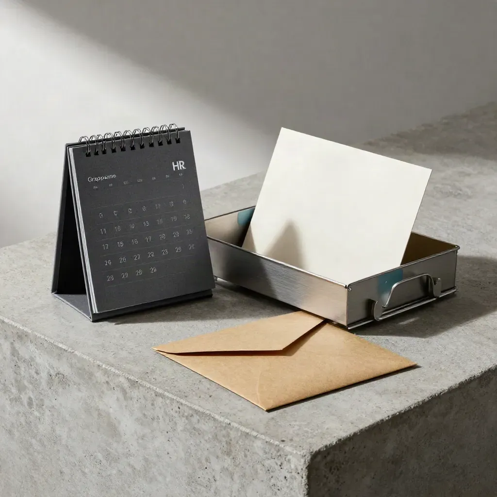 Angled HR tray, calendar block and outgoing mail on concrete with muted teal accents.
