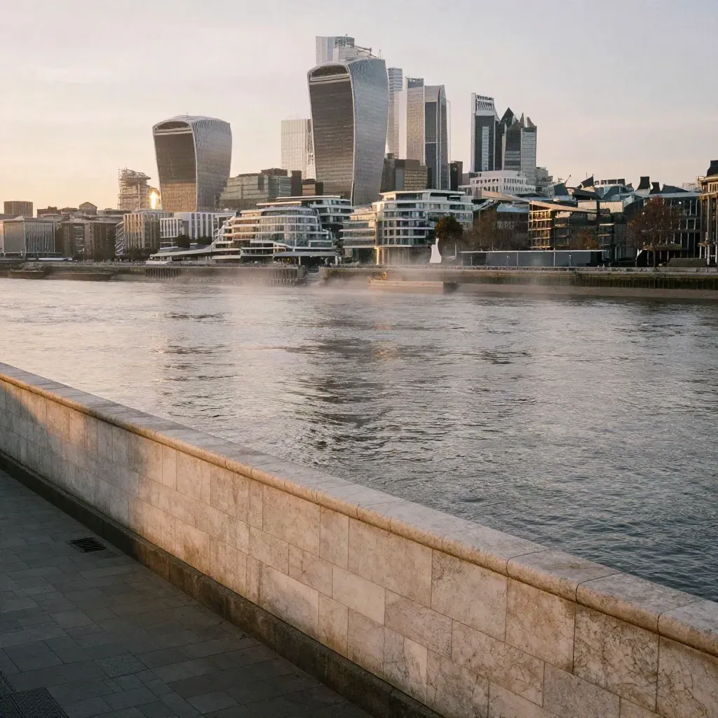 Thames bend with the City skyline above a pale riverside wall in warm dusk haze