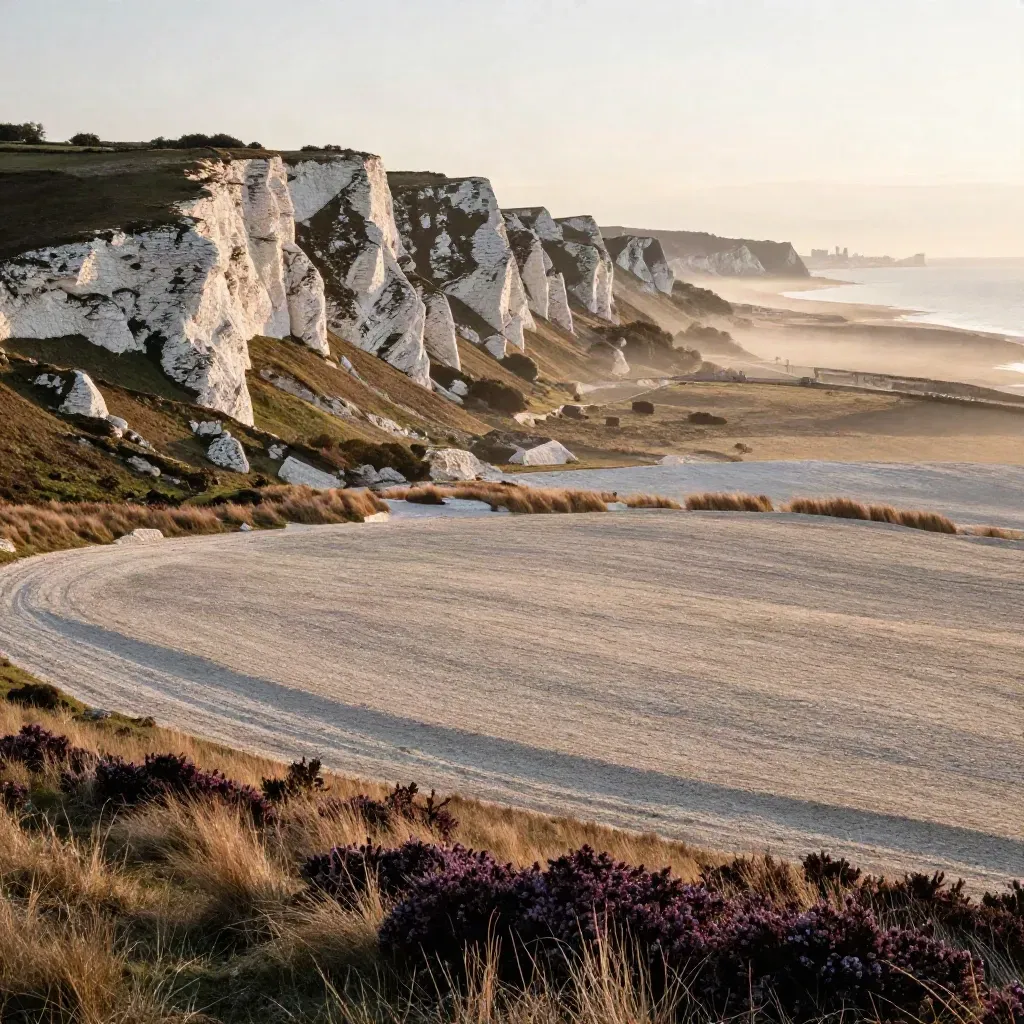 Golden South Downs chalk hills with Brighton skyline and sea mist at sunset
