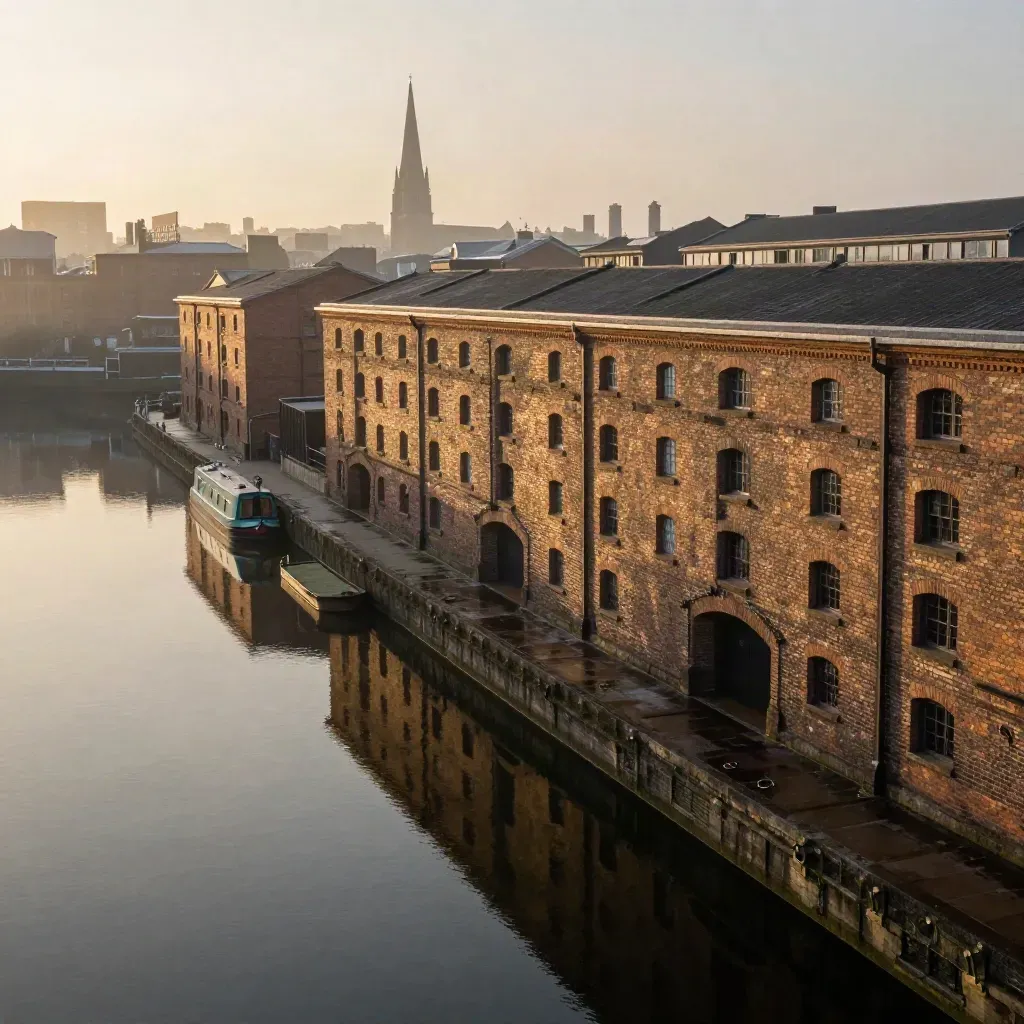 Amber canal warehouses and distant spires over a still Birmingham waterway in golden haze