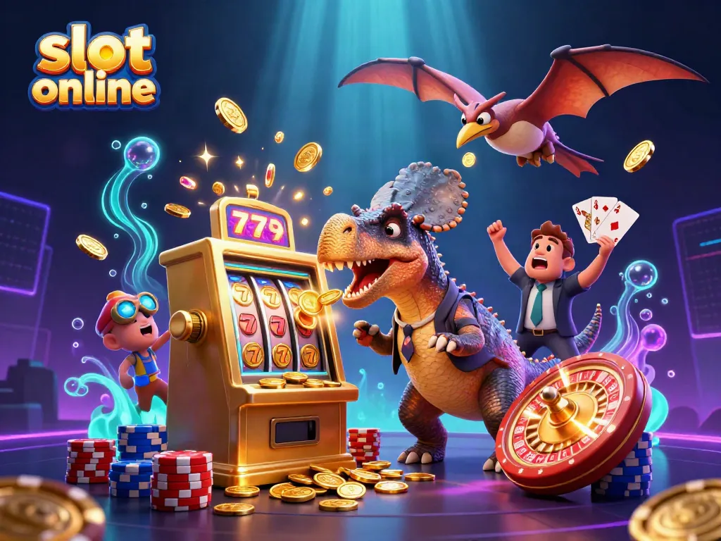 Experience the thrill of slot online as a dinosaur engages with a jackpot slot machine.