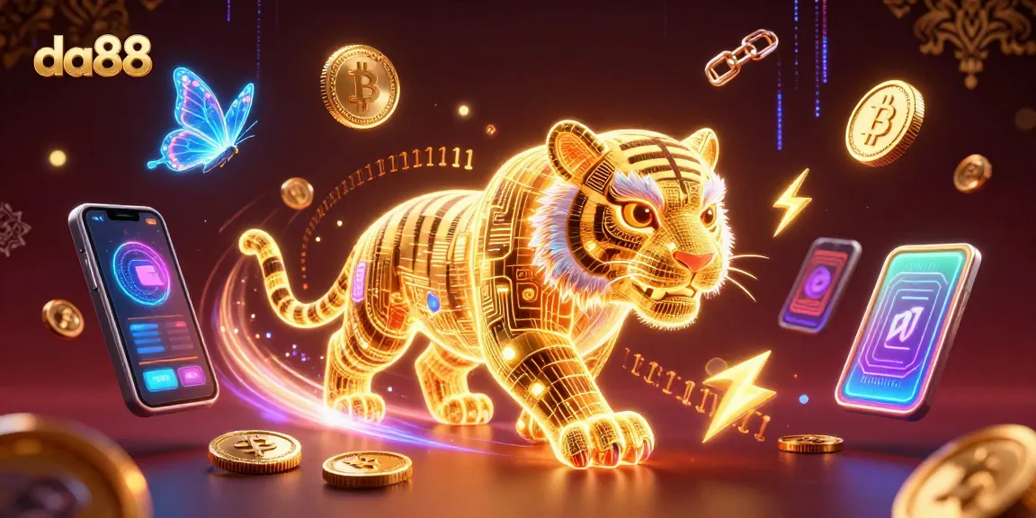 Engage with da88's vibrant casino games featuring the neon tiger amidst digital crypto symbols.