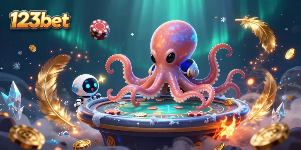 Experience the excitement of 123bet poker with alien octopus and robot companions at this vibrant casino scene.