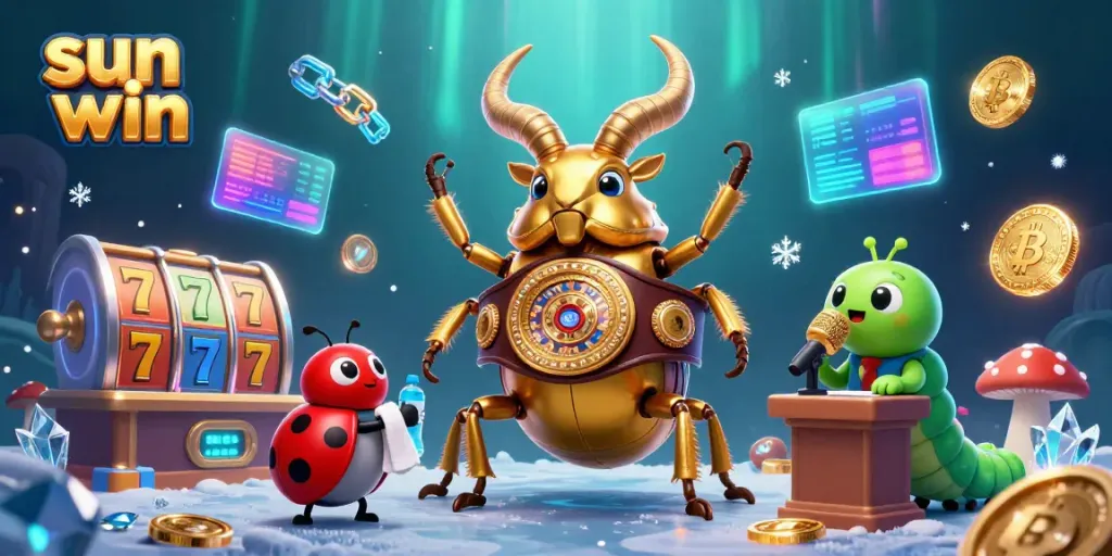 Experience sun win excitement with a golden stag beetle boxing in a dynamic casino scene.