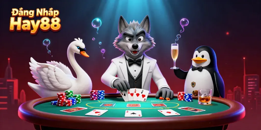 Engage in Đăng Nhập Hay88 with a vivid illustration featuring lively casino characters and vibrant gaming elements.