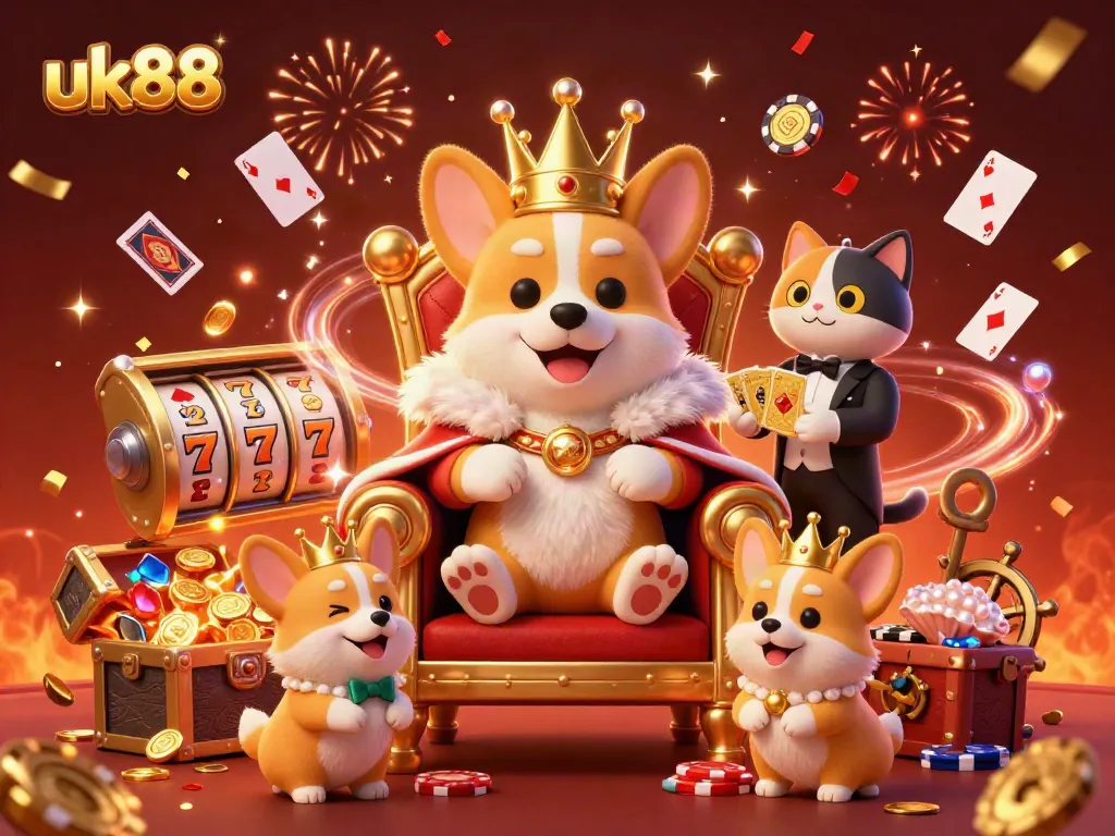 uk88 presents a lively scene with a royal corgi in a crown and poker chips, celebrating winning strategies in a colorful atmosphere.