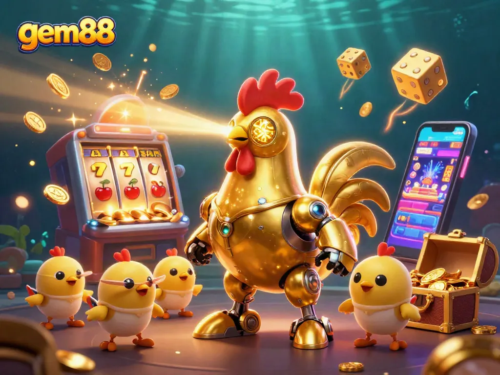 Engage in jackpot fun with gem88, featuring a golden rooster shooting lasers amidst flying slot symbols.