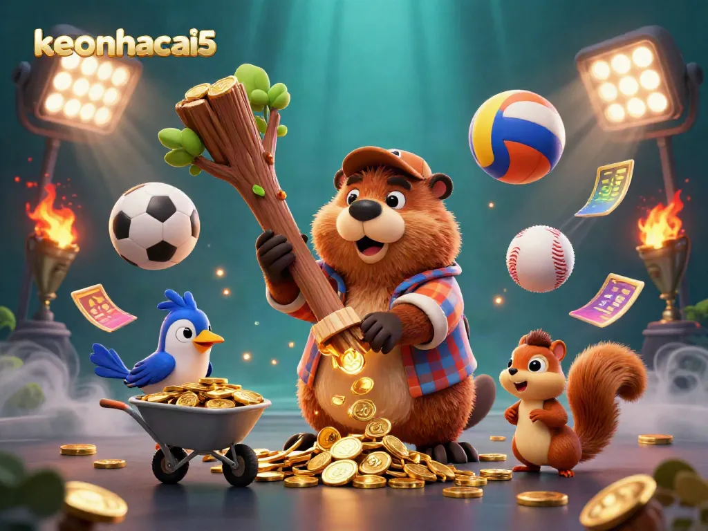 Experience the energy of sports betting with keonhacai5 as a beaver collects golden coins from a tree while surrounded by dynamic game elements.