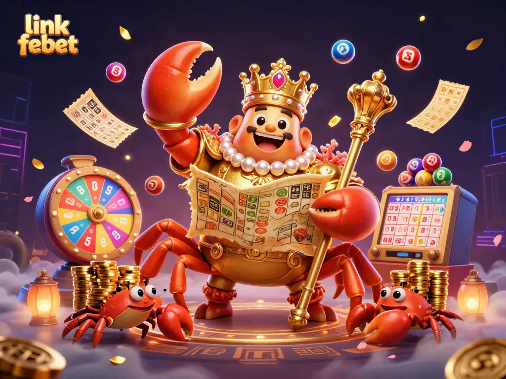 Play the exciting games at link febet, featuring a golden crab emperor and vibrant lottery elements.