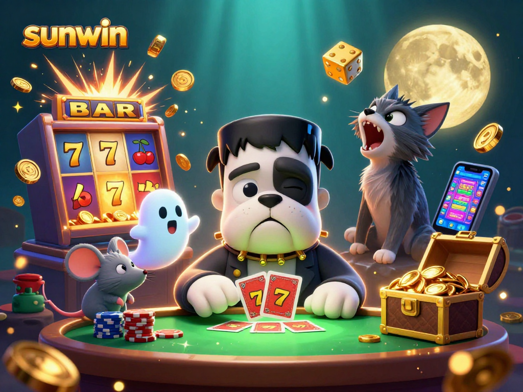 Experience the excitement of sunwin with a captivating 3D casino scene featuring lively characters and dynamic game elements.