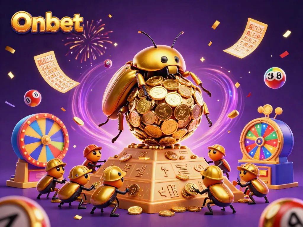 Engage with Onbet's vibrant casino adventure featuring golden beetles and festive lottery elements.