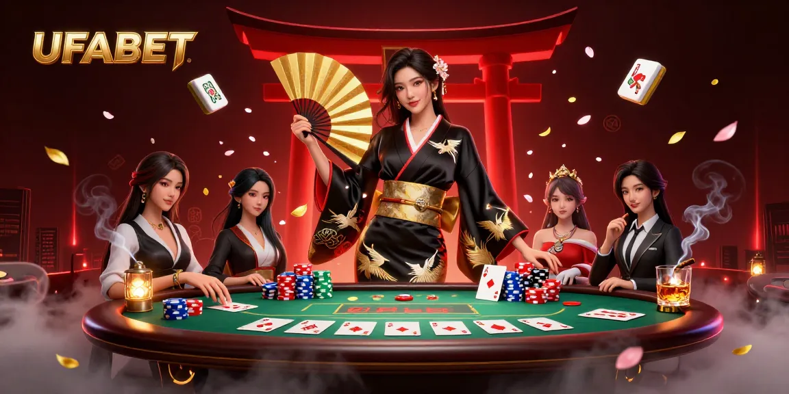 Experience exciting gambling action with UFABET in this dynamic casino-themed illustration.