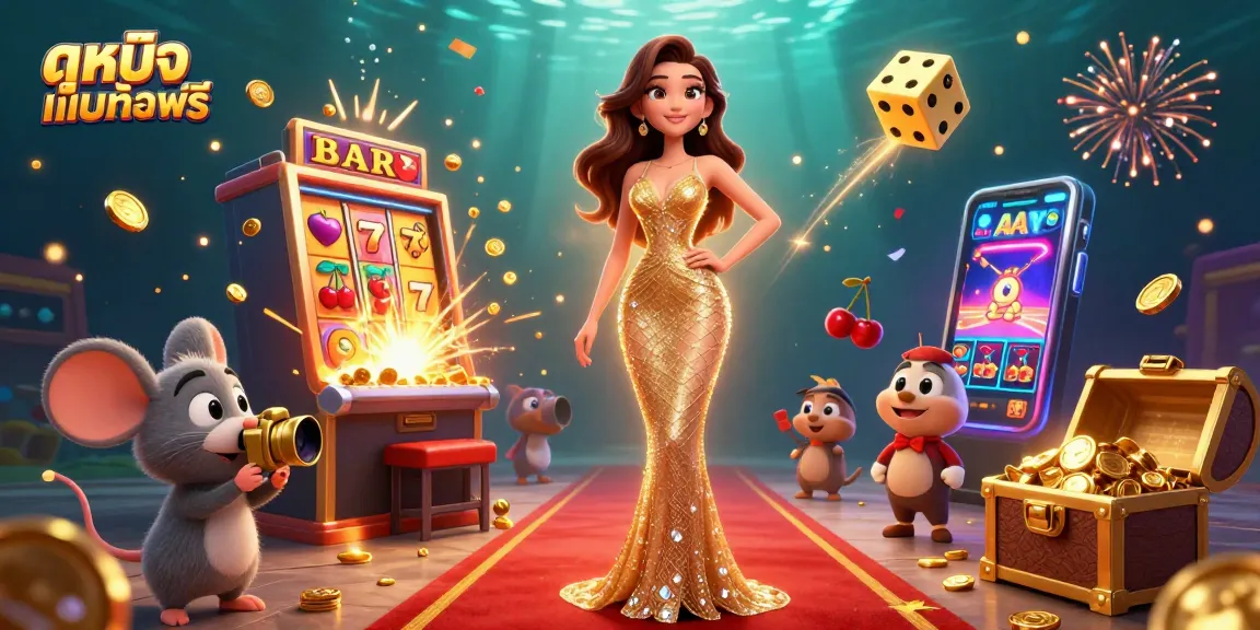 Engaging scene celebrating ดูหนังออนไลน์ฟรี with a glamorous woman, dynamic casino elements, and vibrant golden accents.