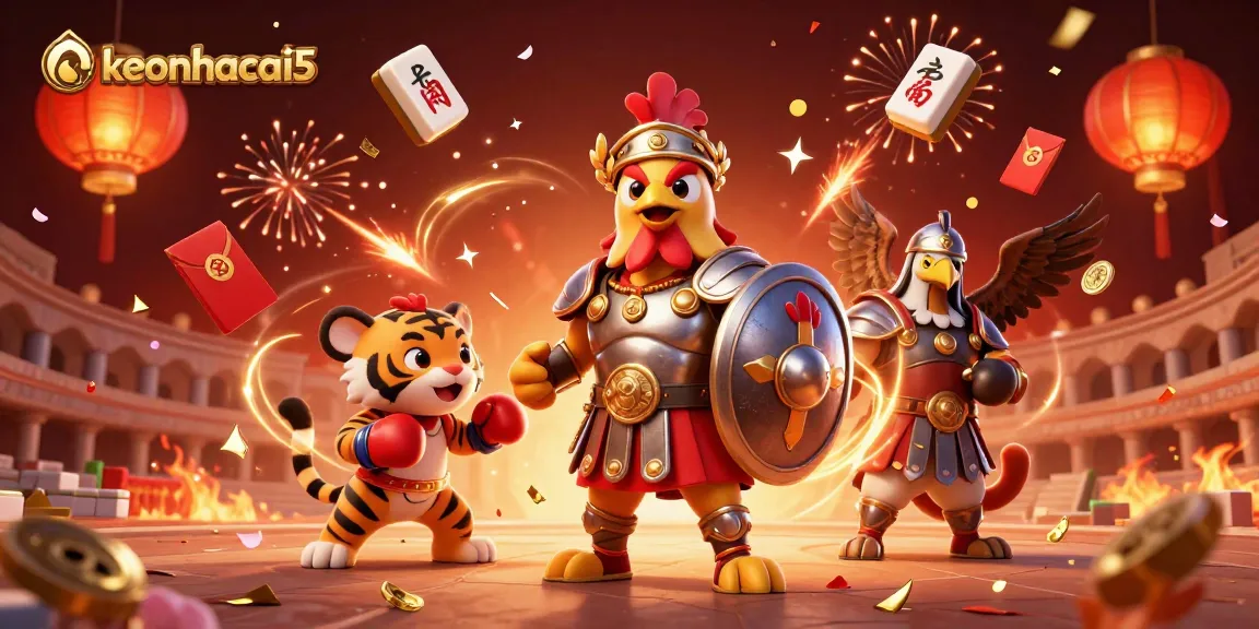Engage with keonhacai5 in a vibrant online casino setting featuring dynamic characters and festive elements.