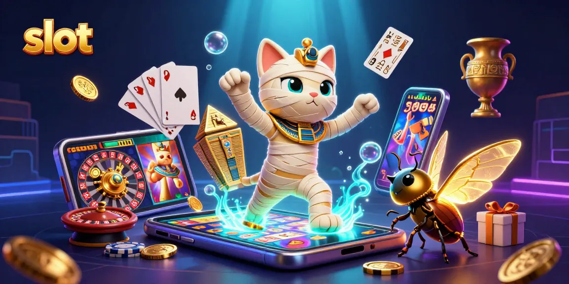 Spin to win on slots with the Egyptian mummy cat in an exciting casino scene!