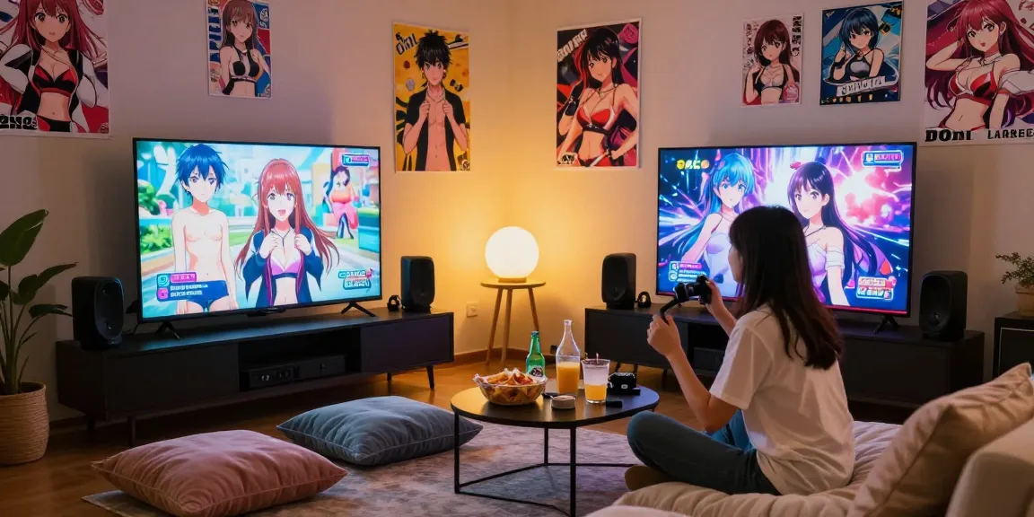 Engaged couple enjoying hentai ganes on a cozy gaming setup in a stylish bedroom.