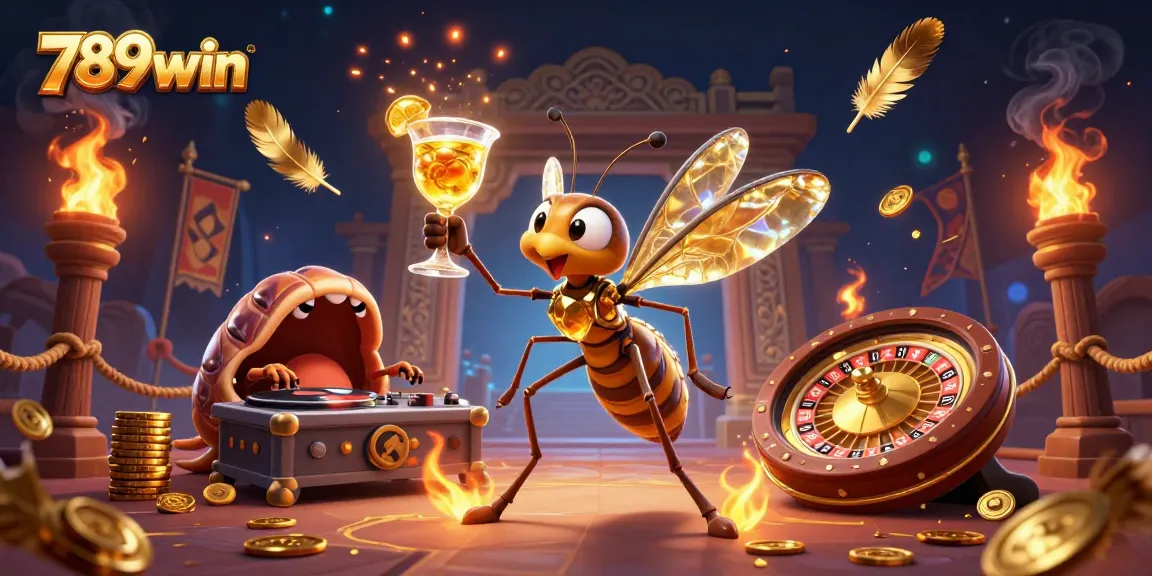 Engage with 789win's captivating 3D casino mascot, a frozen mosquito reborn, amidst a vibrant gaming scene.