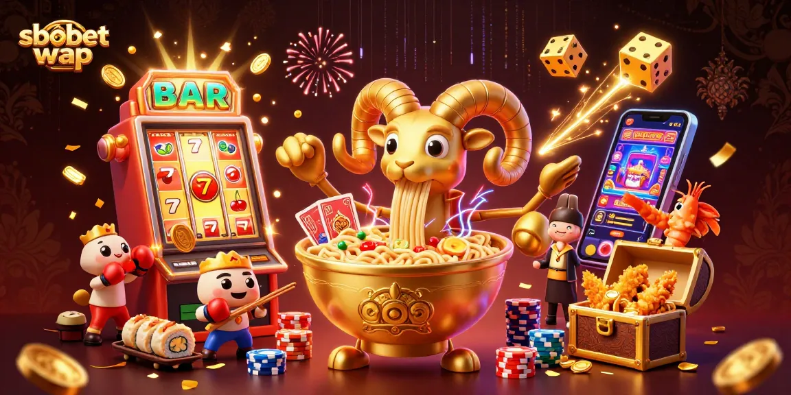 Experience sbobet wap with a dynamic casino scene featuring vibrant characters and thrilling game elements.
