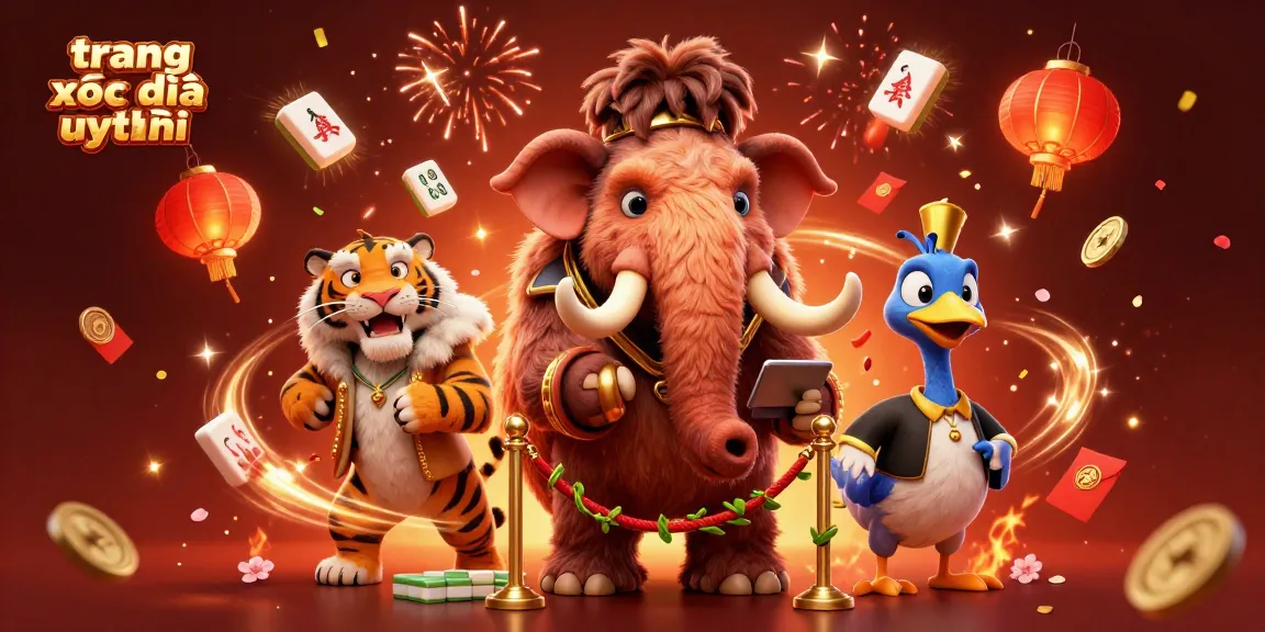 Experience the excitement of trang chơi xóc đĩa uy tín with our vibrant carnival scene, showcasing a friendly woolly mammoth bouncer and more.