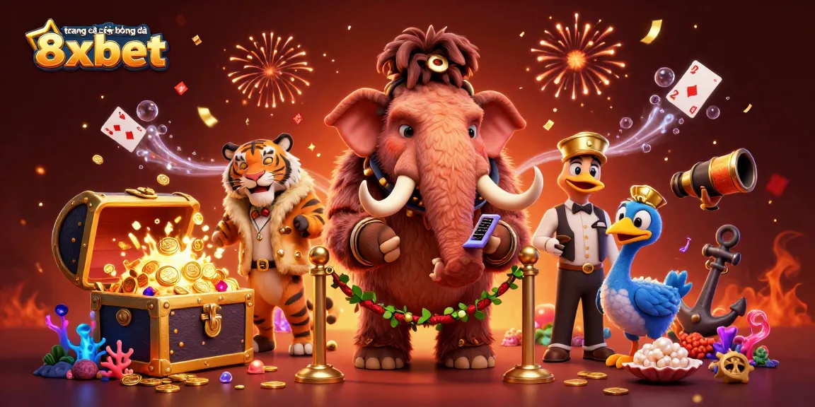 Experience the excitement of trang cá cược bóng đá 8xbet with a vibrant 3D illustration featuring a casino bouncer and VIP guests.