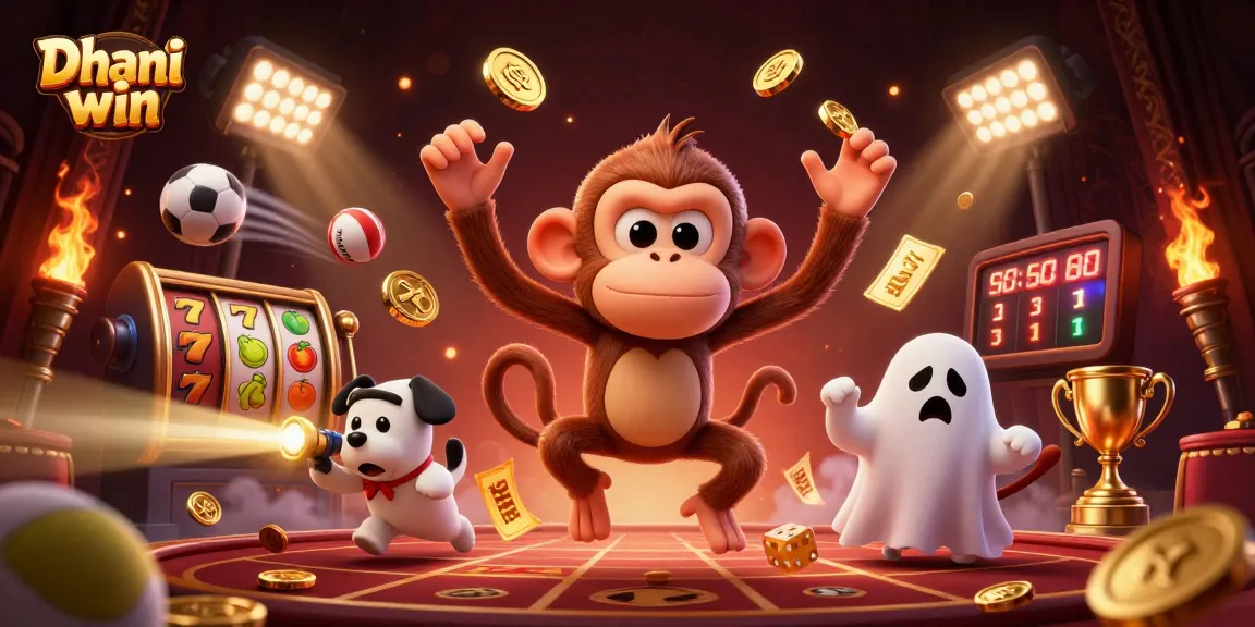 Dhani win brings thrilling casino excitement with a playful ghost and sports elements in a dynamic 3D scene.