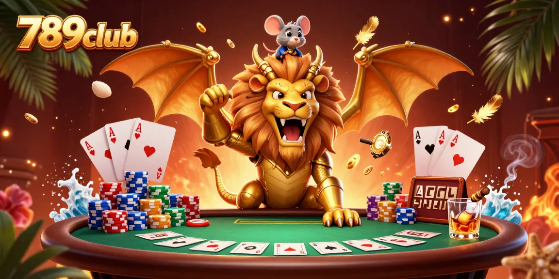 Experience thrilling poker action at 789club with a triumphant chimera creature and vibrant casino elements.
