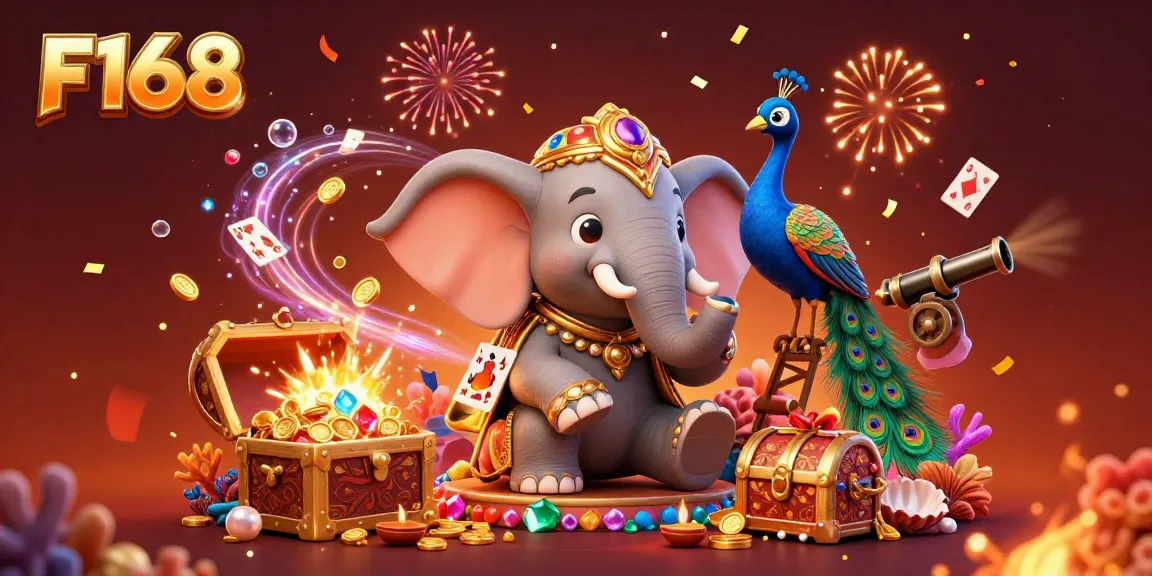 Experience the vibrant world of F168 with a captivating illustration featuring a Diwali-themed elephant, a peacock, and exciting underwater treasures.