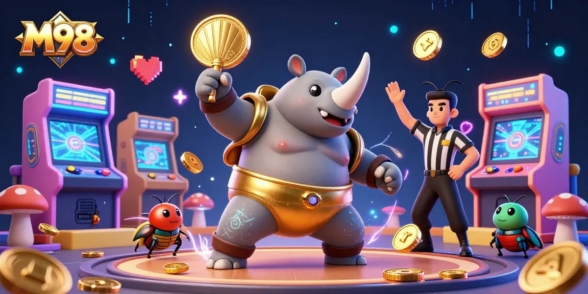 M98 gaming scene features a cartoon rhinoceros beetle sumo champion triumphantly stomping, sending coins flying with action-packed arcade elements.