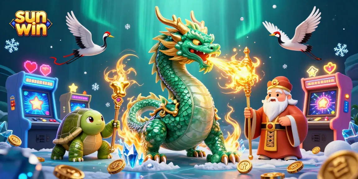 Experience the thrill of sun win with a dragon and turtle sage in a vibrant casino game scene.