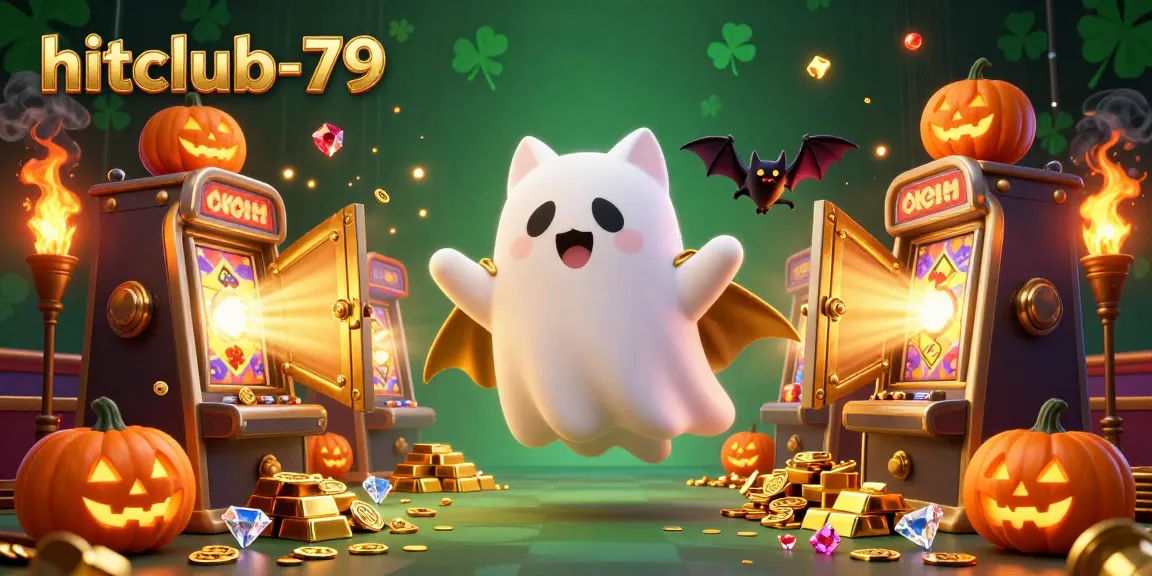 Experience the thrill of hitclub-79 Casino with a vibrant ghost cat, golden treasures, and glowing jack-o-lanterns.